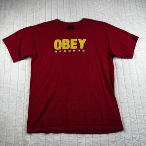 Vintage Obey Records Logo Graphic T-Shirt Men's Large Red Crew Neck Street Wear